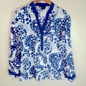 Carole Little 100%linen tunic blouse blue white graphic print vneck button large